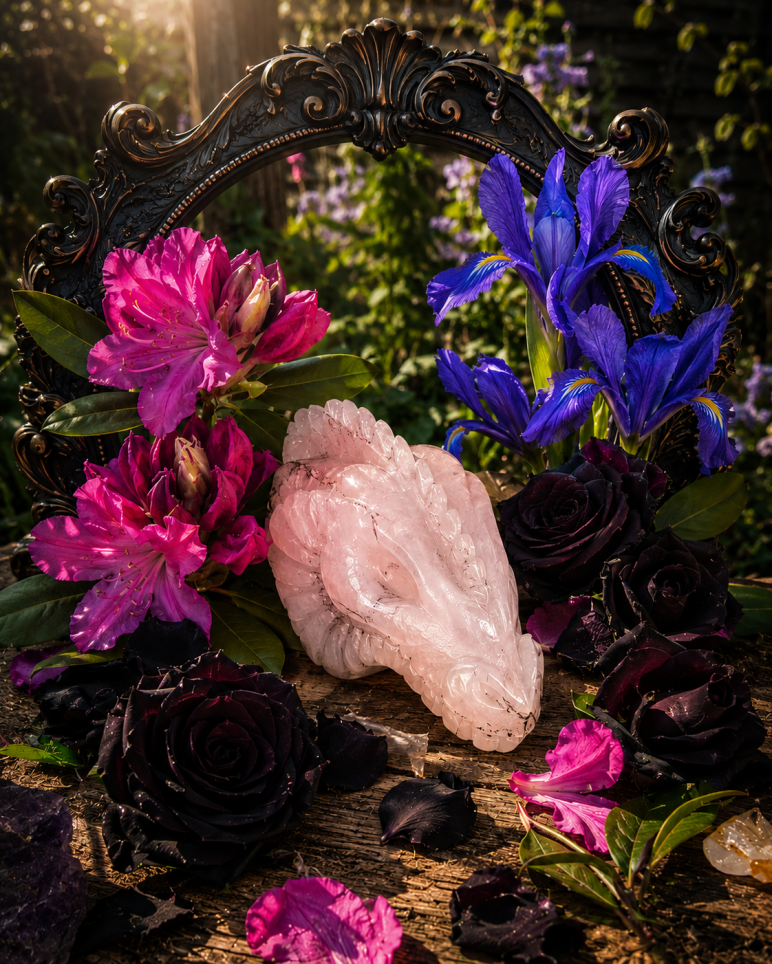 Rosenquarz-Drachenschädel umgeben von Rhododendron, dunklen Rosen und Iris in warmem Gartenlicht