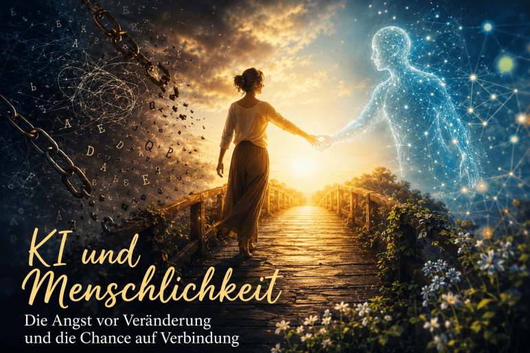 Eine Frau geht über eine Brücke auf ein leuchtendes, digitales Lichtwesen zu. Links lösen sich Dunkelheit, Ketten und chaotische Buchstaben auf, rechts entsteht ein helles Feld aus Licht, Verbindung und neuer Ordnung.