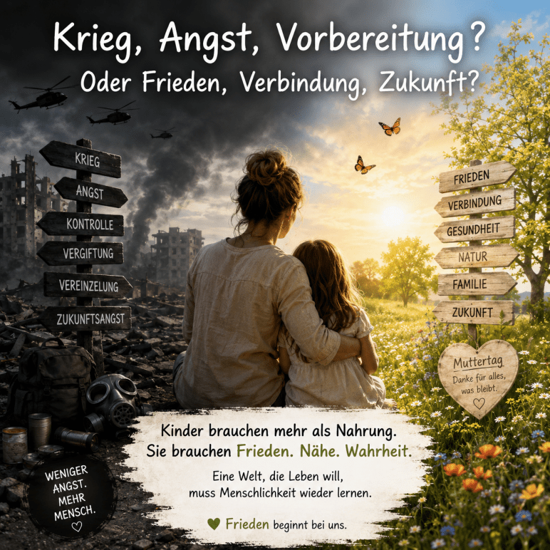 Eine Mutter sitzt mit einem Kind zwischen zwei Welten. Links Krieg, Rauch, Angst und Zerstörung. Rechts Licht, Natur, Frieden und Hoffnung. Das Bild stellt die Frage, worauf Menschen ihre Aufmerksamkeit richten wollen.
