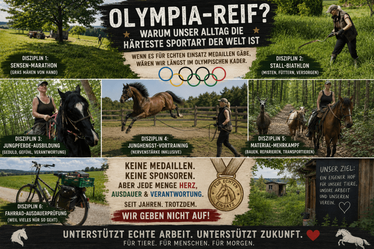 Collage aus dem Alltag des Vereins: Obstbaumwiesenpflege, Mähen von Hand, Ausbildung von Pferden, Arbeit mit Tieren und jahrelange Betriebsvorbereitung trotz fehlender Unterstützung und fehlendem eigenen Hof.