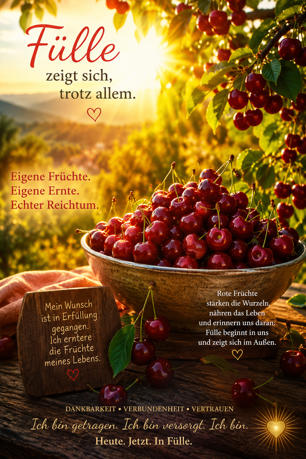 Große Schale mit reifen roten Kirschen im goldenen Sonnenlicht vor einem Kirschbaum voller Früchte. Die Szene symbolisiert Fülle, Dankbarkeit, Versorgung und gelebte Ernte.