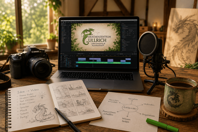 Ein kreativer Arbeitsplatz zur Entstehung eines Erklärvideos. Auf einem Holztisch stehen Laptop, Kamera, Mikrofon und Notizbücher mit Skizzen und Ideen. Auf dem Bildschirm wird ein Video für das Drachenzentrum Ullrich bearbeitet. Die warme Atmosphäre vermittelt Kreativität, Planung und die Entwicklung neuer Projekte.