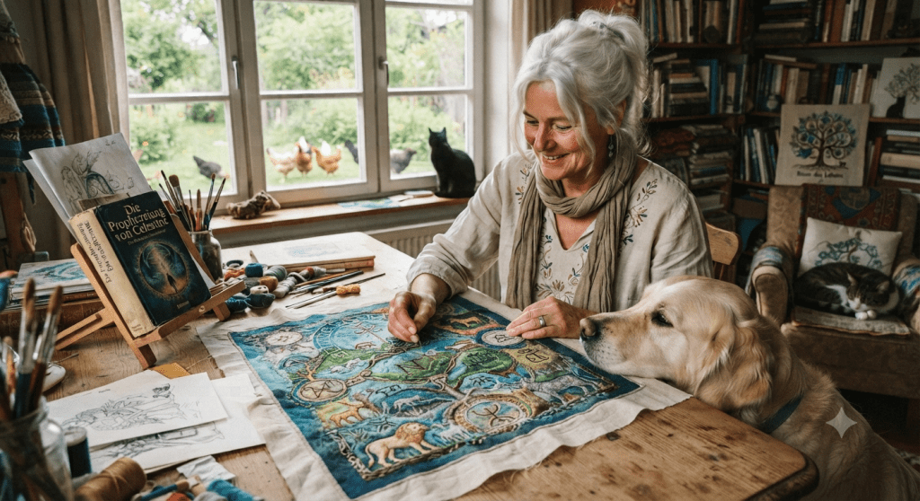 Ein warmes, atmosphärisches Foto im Stil eines gemütlichen Ateliers zeigt eine weißhaarige Frau mittleren Alters, die an einem großen Holztisch sitzt und an einem detaillierten Stickbild arbeitet. Sie trägt eine naturfarbene Leinentunika und einen beigen Schal und lächelt sanft, während sie mit einer Nadel in der Hand einen Stich setzt. Das Stickbild auf dem Tisch ist eine komplexe, farbenfrohe Darstellung einer Fantasielandschaft, die wie eine Weltkarte mit Symbolen und Tieren gestaltet ist. Neben ihr auf dem Tisch liegt ein Golden Retriever, der den Kopf auf den Tisch stützt und sie aufmerksam beobachtet. Auf der linken Seite steht auf einem Holzständer das Buch „Die Prophezeiung von Celestine“ mit einem markanten Cover. Der Tisch ist übersät mit Kunstutensilien, Garnrollen, Skizzen und Pinseln. Im Hintergrund befindet sich ein großes Fenster, das den Blick auf einen grünen Garten freigibt, in dem Hühner herumlaufen. Auf der Fensterbank sitzt eine schwarze Katze. Rechts ist ein Bücherregal zu sehen, und auf einem Sessel liegt eine weitere, schlafende Katze. Das natürliche Tageslicht fällt durch das Fenster und erhellt die Szene. Die gesamte Atmosphäre ist friedlich, kreativ und von Tieren und Natur umgeben.