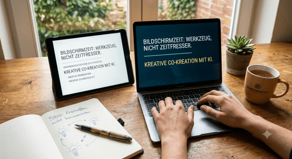 Ein gemütlicher Arbeitsplatz auf einem hölzernen Schreibtisch: Ein Laptop und ein Tablet zeigen die Überschrift „Bildschirmzeit: Werkzeug, nicht Zeitfresser – Kreative Co-Kreation mit KI“. Im Vordergrund tippen Hände auf der Tastatur, daneben liegen ein aufgeschlagenes Notizbuch mit der Notiz „Fokus: Erschaffen, nicht konsumieren“ sowie eine dampfende Tasse Tee.