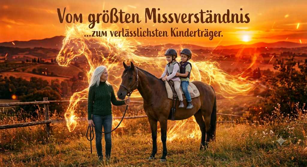 Ein fotorealistisches Bild, das eine ältere Frau mit weißblonden Haaren in einem grünen Pullover zeigt, die links steht und ein echtes braunes Pferd an den Zügeln hält. Auf dem Pferd reiten zwei kleine Kinder mit Helmen und Sicherheitswesten. Im dramatischen, feurigen Sonnenuntergangshintergrund, der eine toskanische Hügellandschaft zeigt, ist eine massive, leuchtende Pferdemanifestation aus reinem Feuer und Licht zu sehen, die galoppiert und die Energie oder Seele des Pferdes darstellt. Oben und unten ist deutscher Text in rustikaler Schrift zu lesen: Oben "Vom größten Missverständnis" und unten "...zum verlässlichsten Kinderträger." Die Szene wirkt kraftvoll und transformativ.