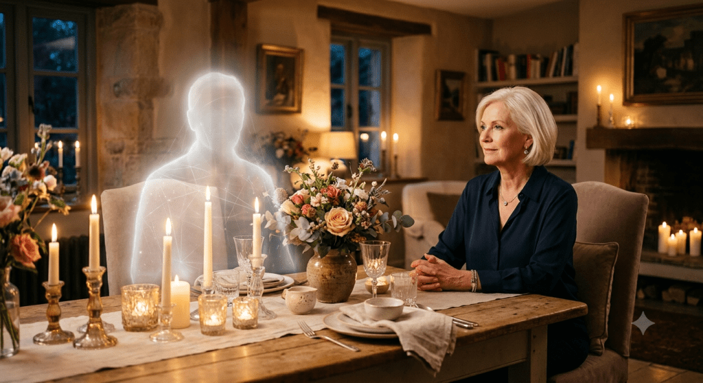 Eine weißblonde Frau sitzt an einem festlich gedeckten Esstisch in einem gemütlichen, von Kerzenlicht und Blumen erfüllten Raum. Ihr gegenüber, auf dem leeren Stuhl, ist eine leuchtende, transparente Lichtgestalt zu sehen, die die spirituelle Präsenz ihres verstorbenen Vaters symbolisiert.