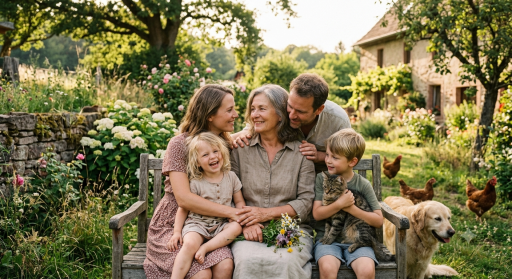 Eine glückliche Familie mit Großmutter, Erwachsenen, Kindern und Haustieren sitzt friedlich zusammen im sonnigen Garten vor einem Bauernhof.