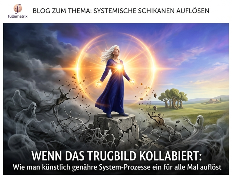 Löwenkraft-Souveränität im Licht: Eine aufrechte, weißblonde Frau in einem indigo-blauen Kleid steht majestätisch auf einem Felsen, während ein goldenes Lichtfeld dunkle, parasitäre Myzelien und Geistergespinste des künstlichen System-Prozesses verdorren lässt. Im Hintergrund öffnet sich ein heller Weg in die Freiheit.