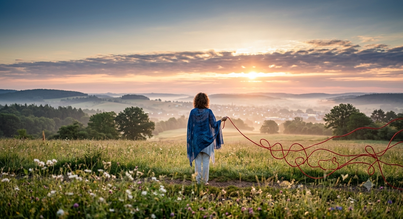 Eine Frau blickt bei Sonnenaufgang über eine weite Landschaft, während sich ein roter Faden hinter ihr entwirrt und den Weg in einen neuen Lebensabschnitt symbolisiert.