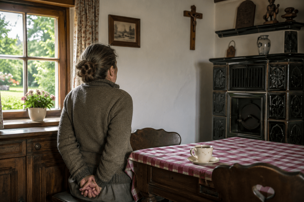 Eine Person sitzt regungslos mit dem Rücken zur Kamera an einem Tisch in einer hellen, ländlichen Wohnküche mit karierter Tischdecke und Kachelofen. Die Schultern wirken angespannt, die Hände sind eng ineinander verschränkt, während der Blick starr auf eine leere Wand gerichtet ist. Eine nahezu unberührte Kaffeetasse steht auf dem Tisch. Durch das Fenster fällt Sonnenlicht auf einen grünen Garten – ein starker Kontrast zwischen der friedlichen Umgebung und der sichtbaren inneren Erstarrung der Person.