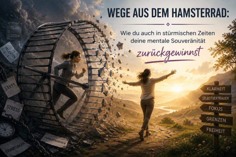 Eine Person durchbricht ein riesiges Hamsterrad, das in einer dunklen, stürmischen Landschaft steht, und läuft in eine helle, offene Zukunft. Das Bild symbolisiert den Ausstieg aus dauerhaftem Stress und die Rückgewinnung innerer Freiheit und mentaler Souveränität.